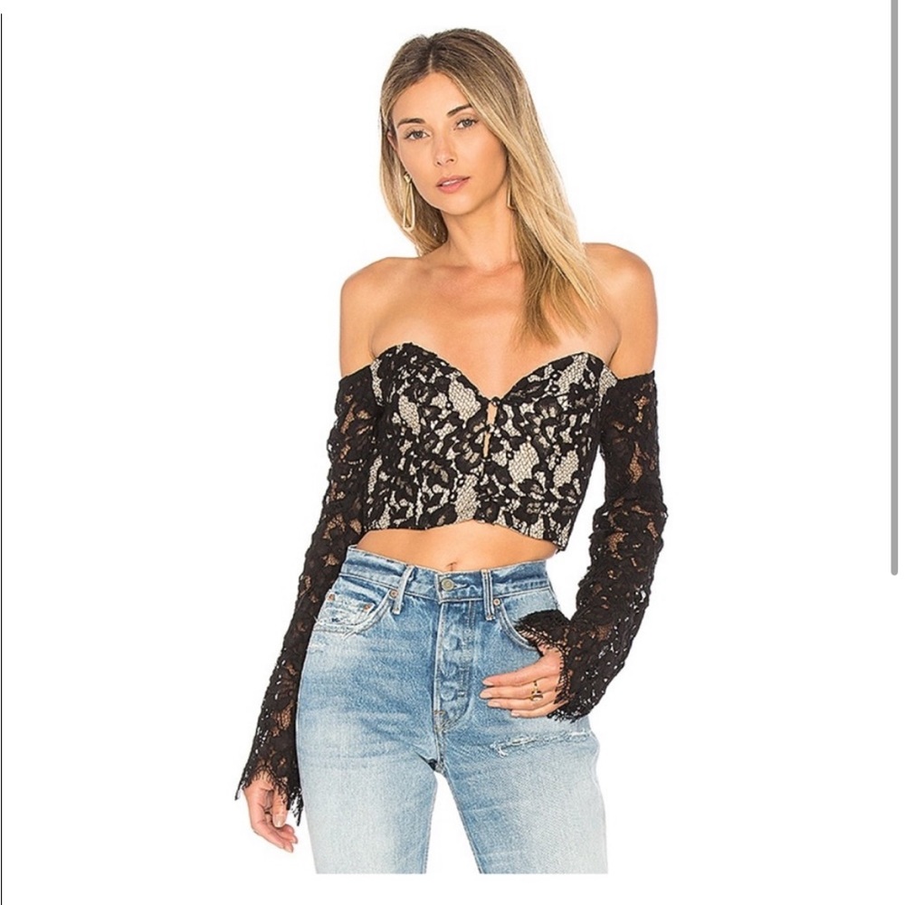 Majorelle - Black Cropped Lace Long Sleeve Top